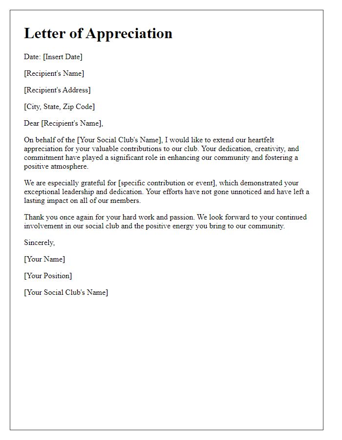 Letter template of appreciation for social club contributions