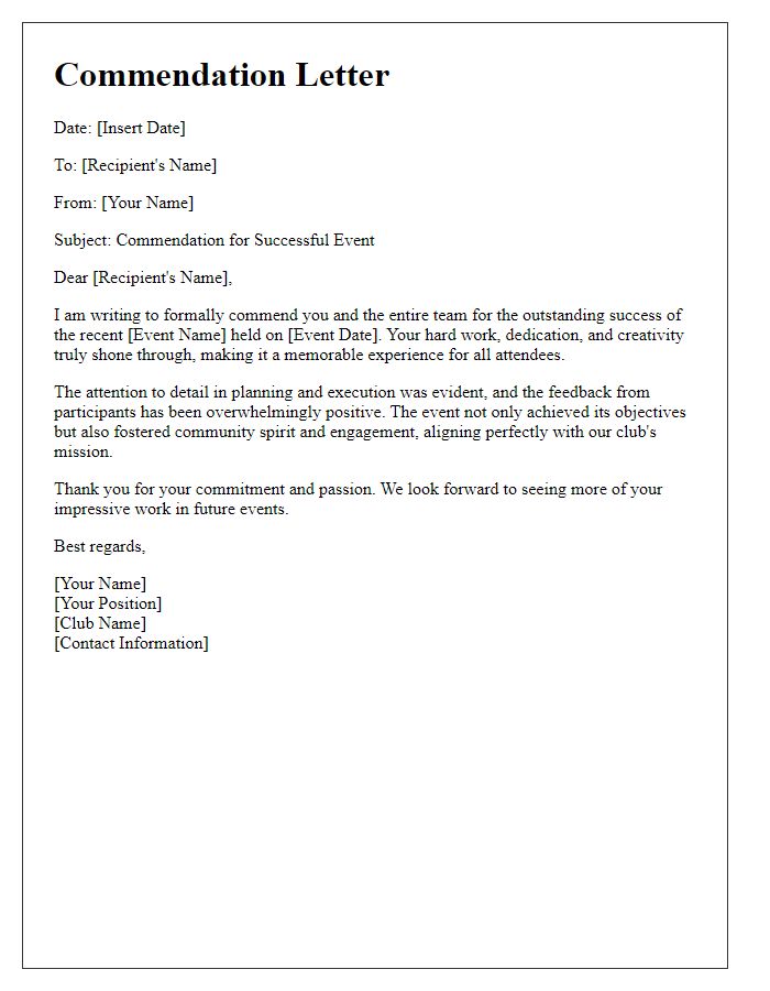 Letter template of commendation for social club event success