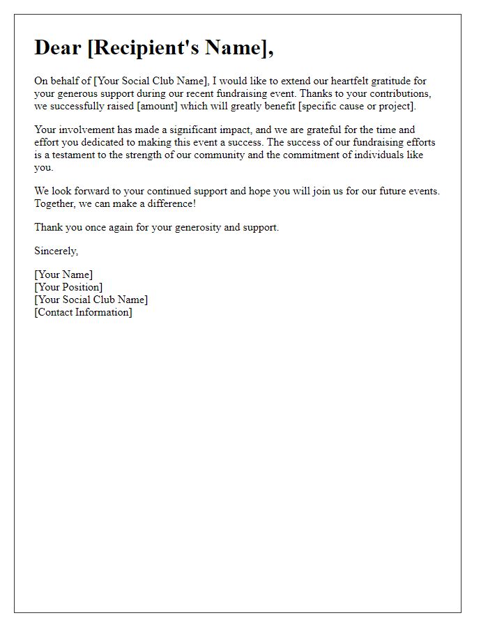 Letter template of gratitude for social club fundraising successes