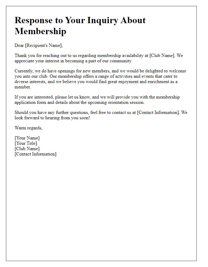 Letter template of Inquiry Response for Social Club Membership Availability