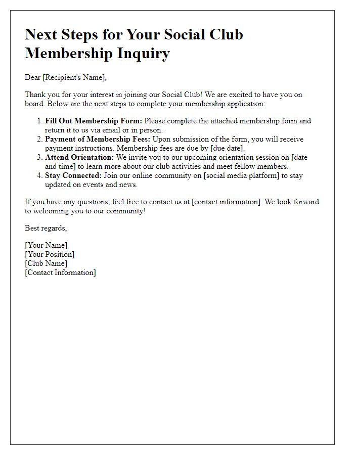 Letter template of Next Steps for Social Club Membership Inquiry