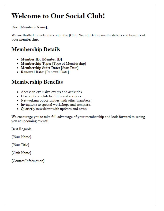 Letter template of Social Club Membership Details and Benefits