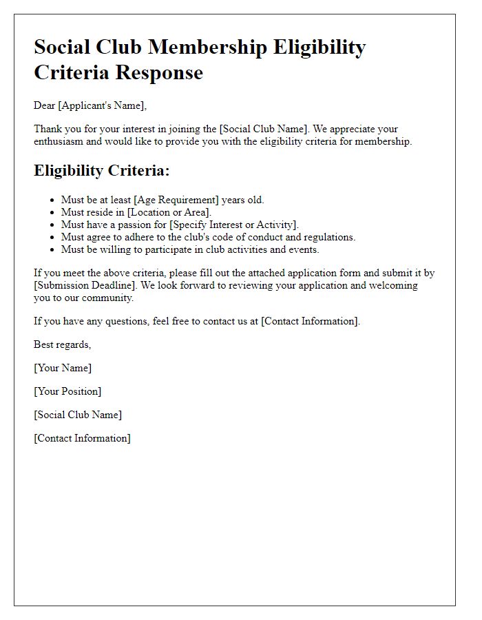 Letter template of Social Club Membership Eligibility Criteria Response