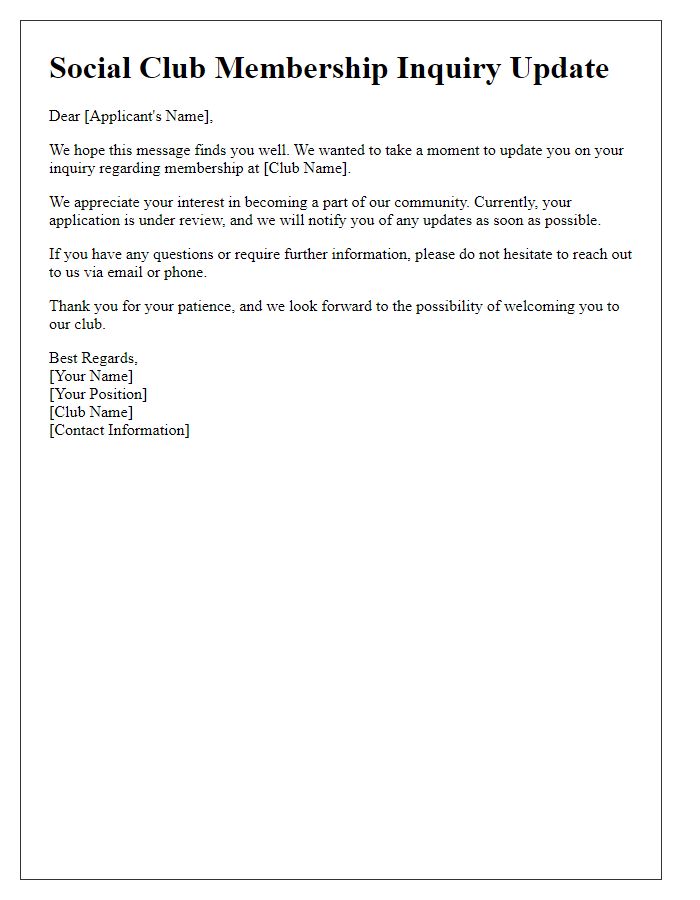 Letter template of Social Club Membership Inquiry Update