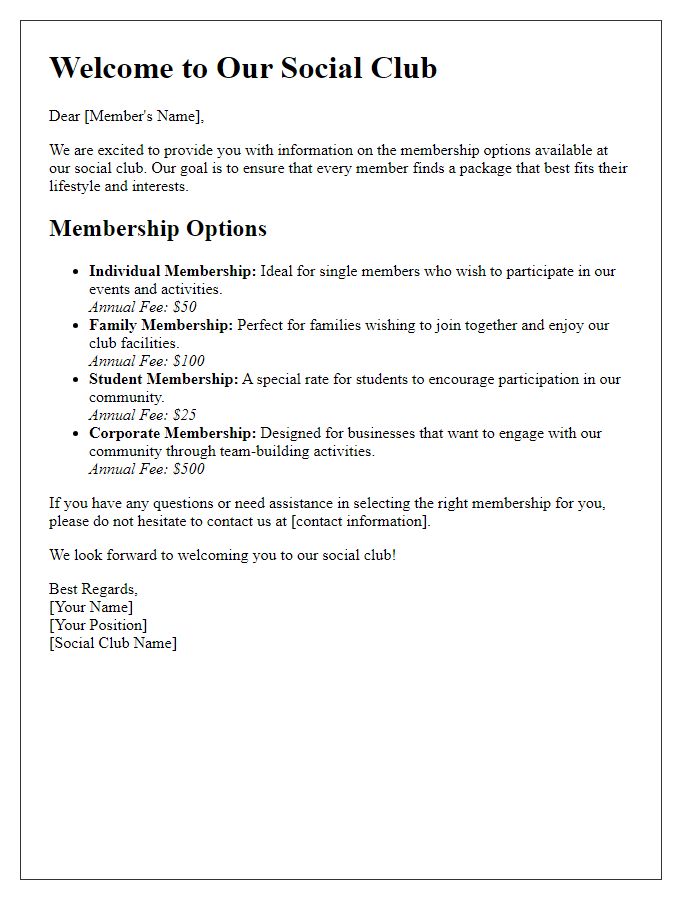 Letter template of Social Club Membership Options Information