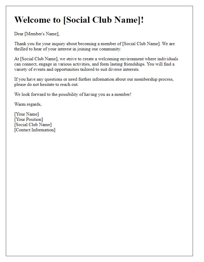 Letter template of Welcome Message for Social Club Membership Inquiry