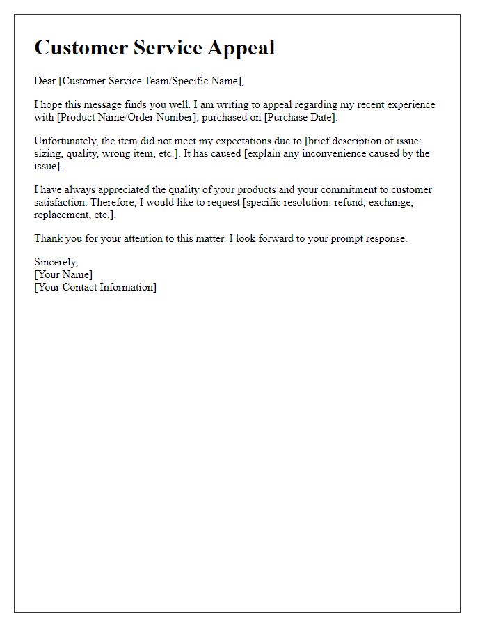 Letter template of appeal for customer service regarding fashion item