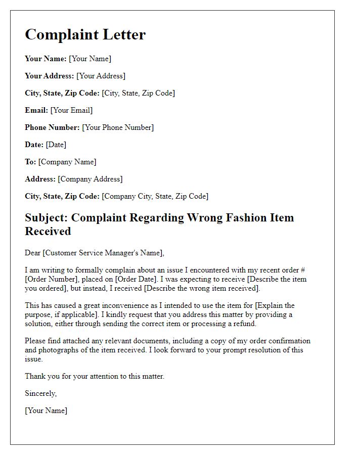 Letter template of complaint about wrong fashion item received