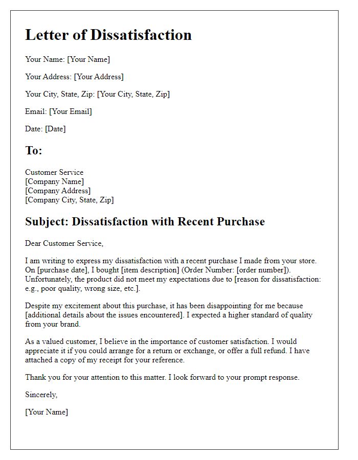 Letter template of dissatisfaction with fashion item purchase