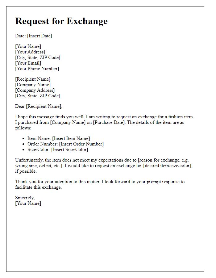 Letter template of request for exchange of fashion item