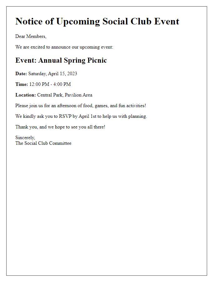 Letter template of Notice for Social Club Event