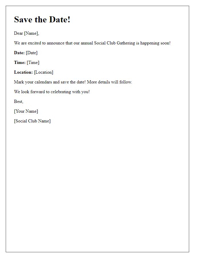 Letter template of Save the Date for Social Club Gathering