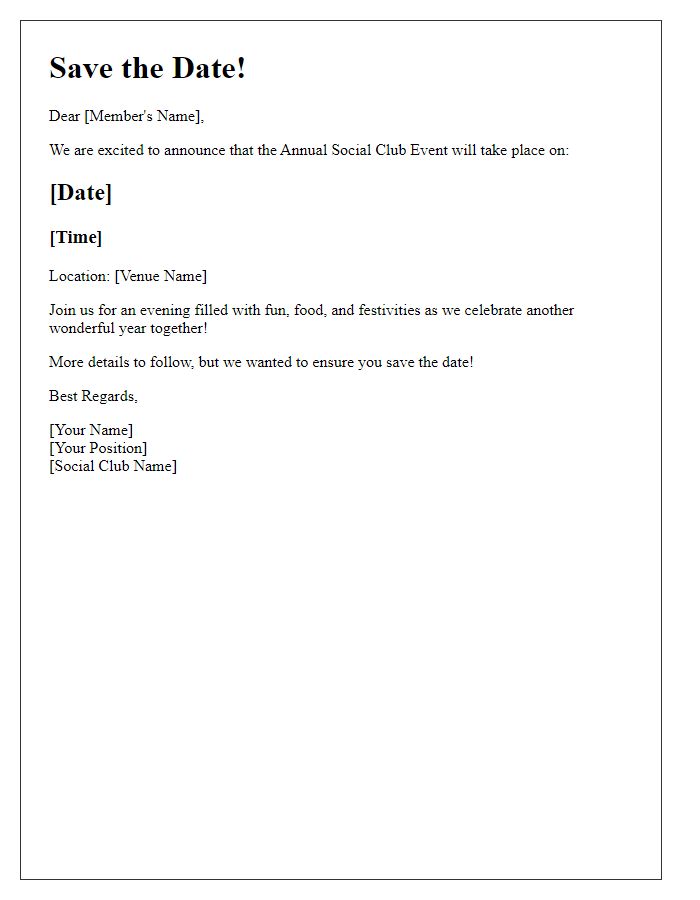 Letter template of Social Club Annual Event Save the Date