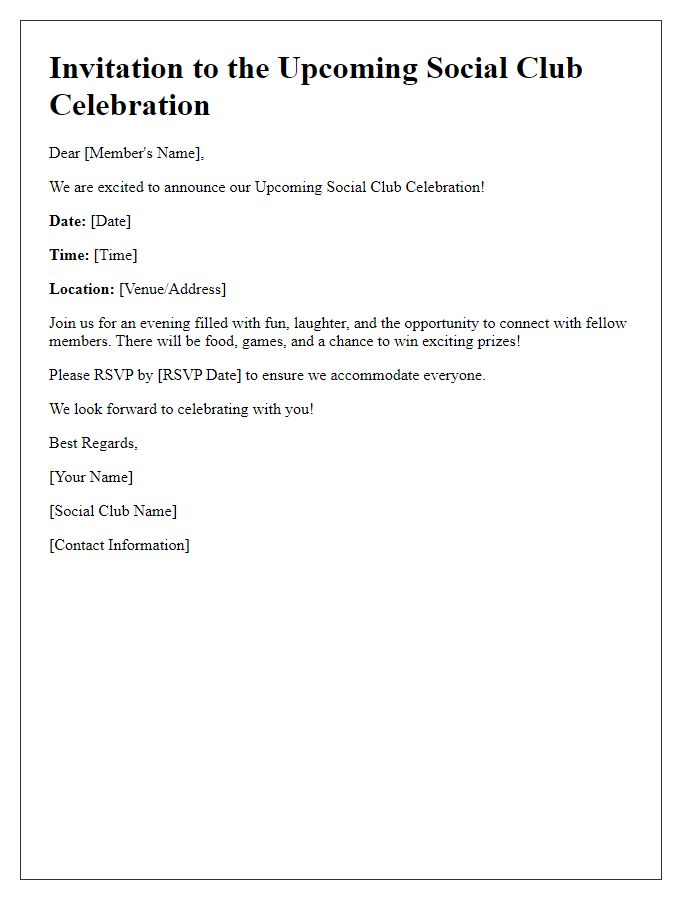 Letter template of Upcoming Social Club Celebration