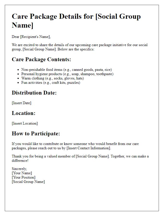 Letter template of social group care package details