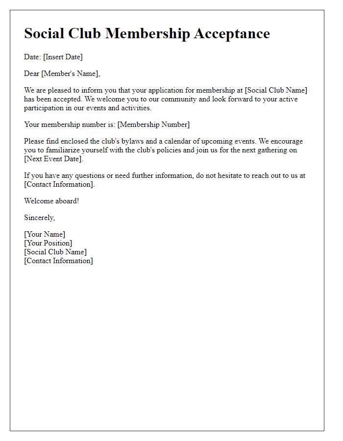 Letter template of social club membership acceptance letter