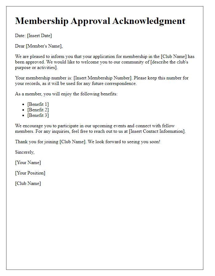 Letter template of social club membership approval acknowledgment