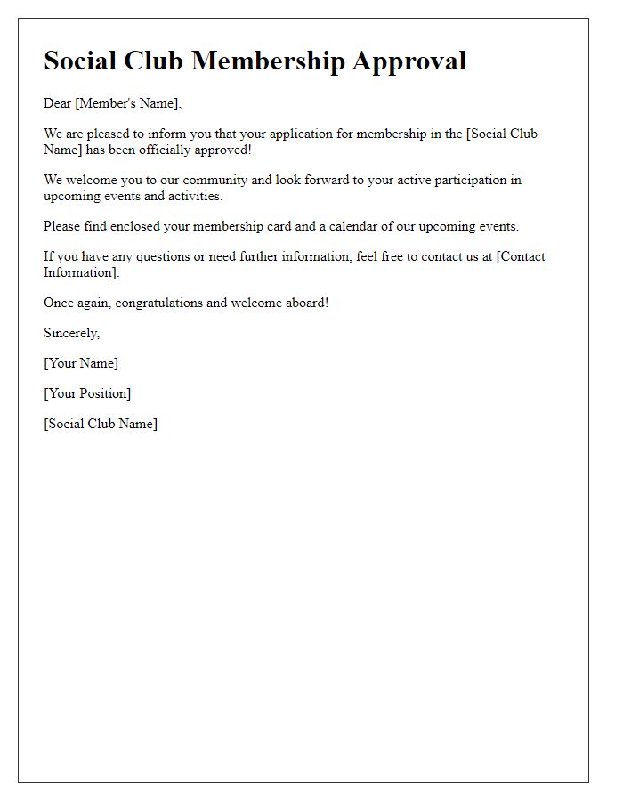 Letter template of social club membership approval announcement