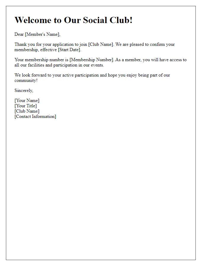 Letter template of social club membership confirmation response