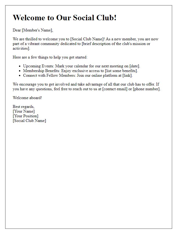 Letter template of social club membership welcome notification