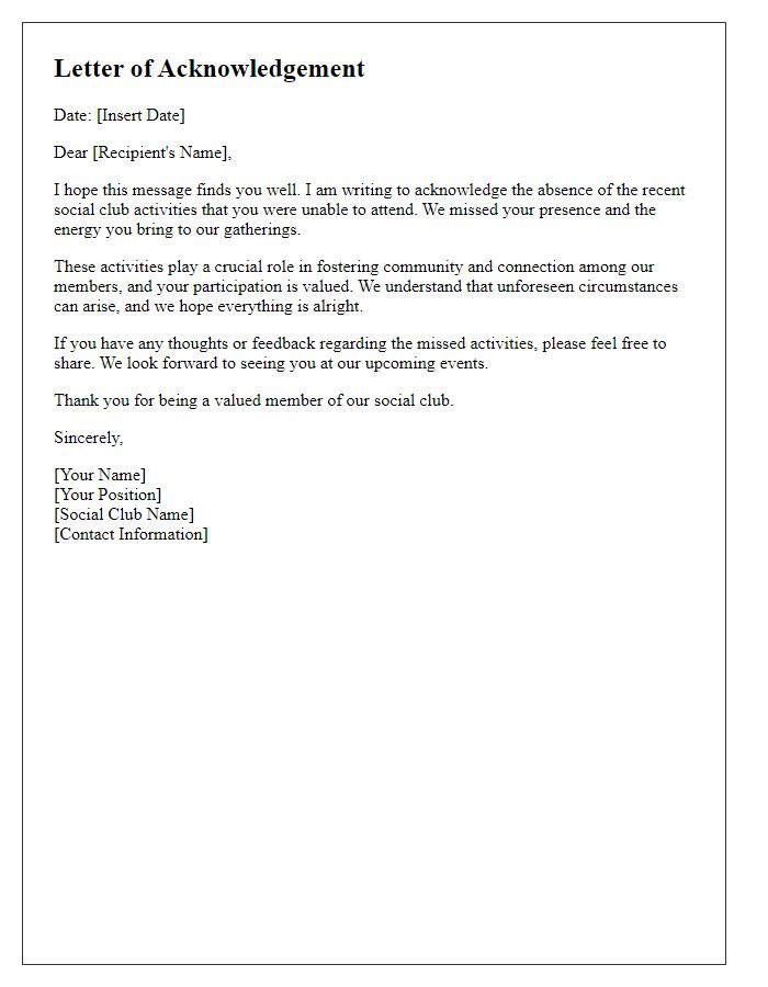 Letter template of acknowledgement for missing social club activities