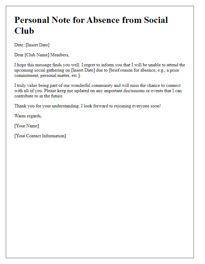 Letter template of personal note for absence from social club