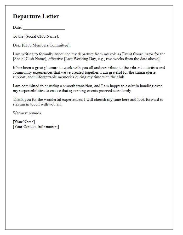 Letter template of departure from social club event coordinator role