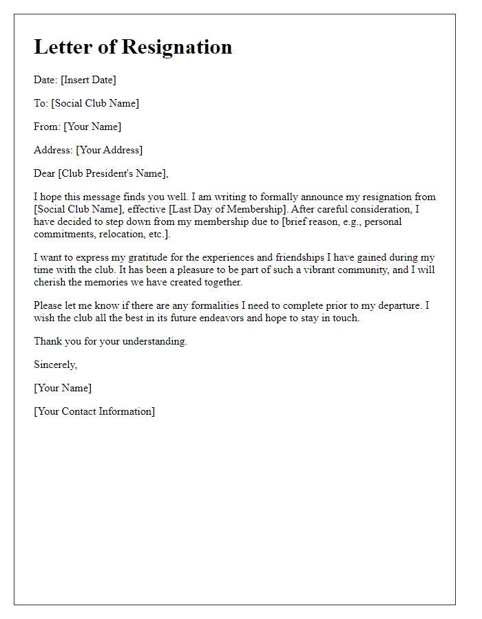 Letter template of ending tenure with social club