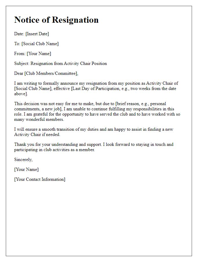 Letter template of notice of resignation from social club activity chair