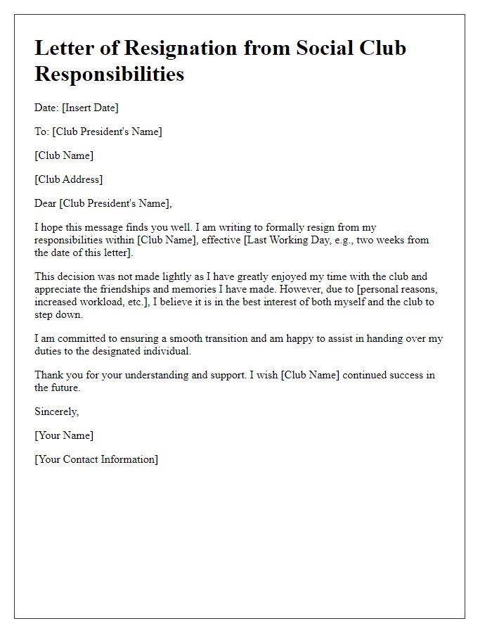 Letter template of quitting social club responsibilities