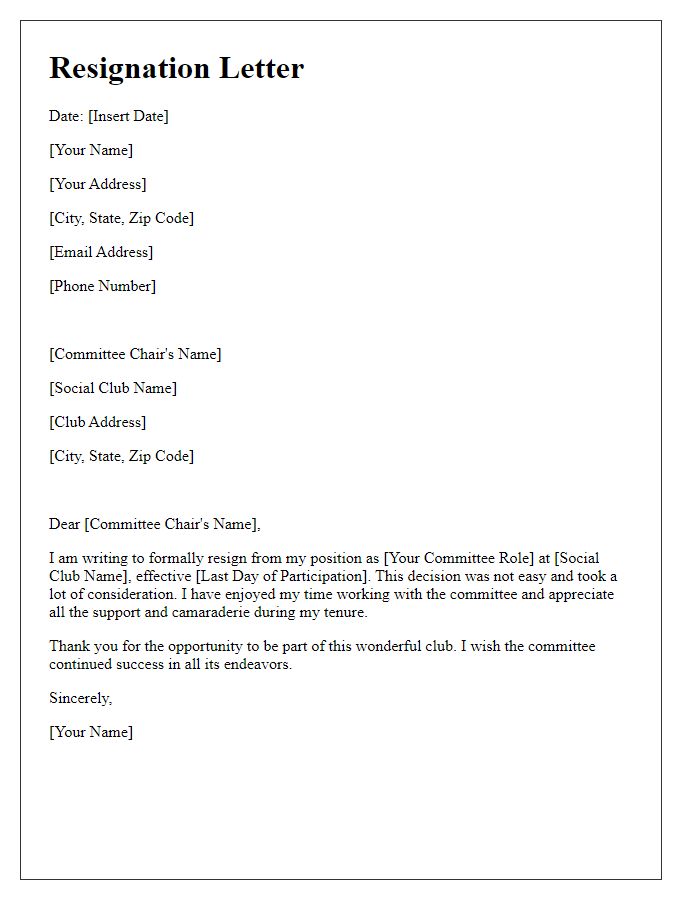 Letter template of resignation for a committee role in social club