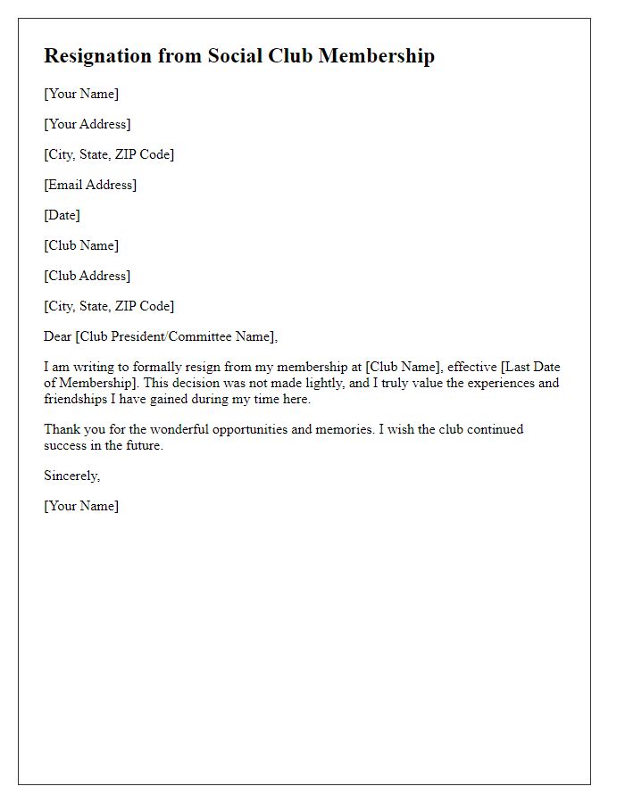 Letter template of resignation from social club membership