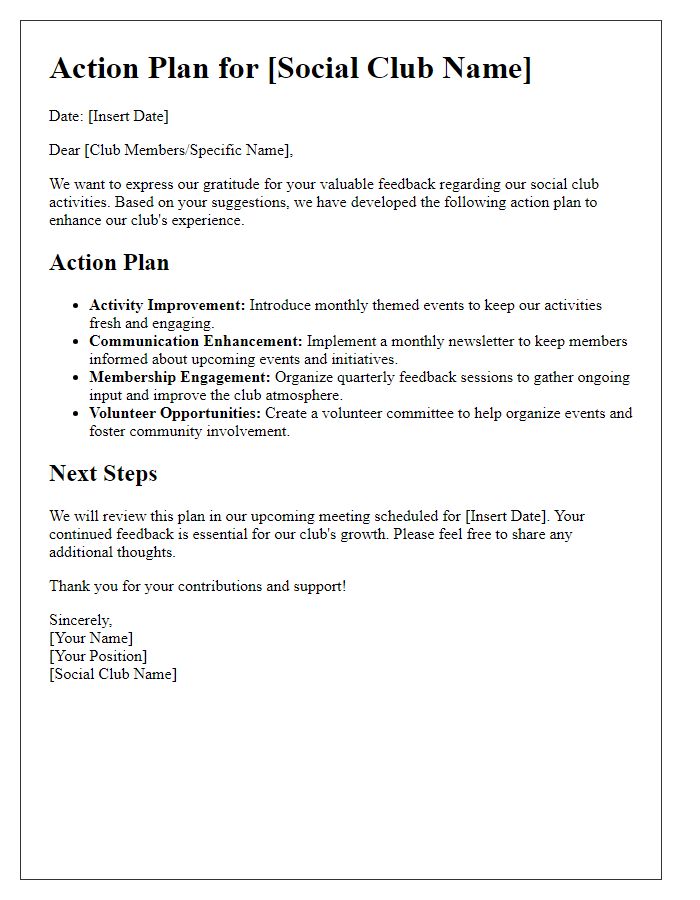 Letter template of action plan based on social club member feedback.