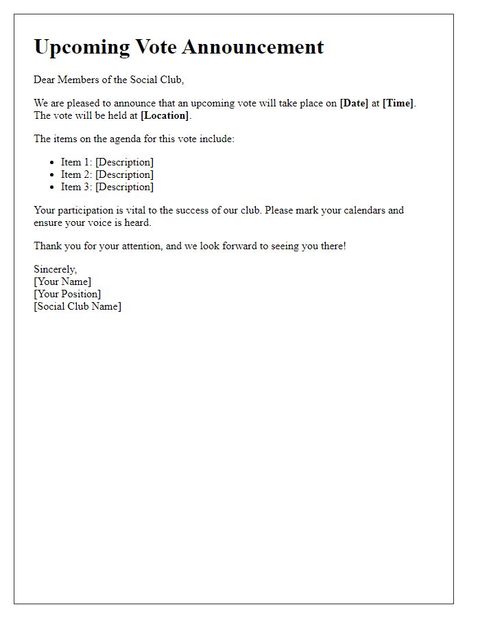 Letter template of upcoming vote announcement for social club
