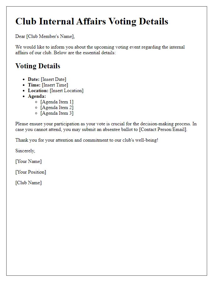 Letter template of voting details for club's internal affairs