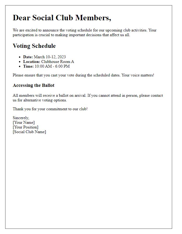 Letter template of voting schedule for social club participation