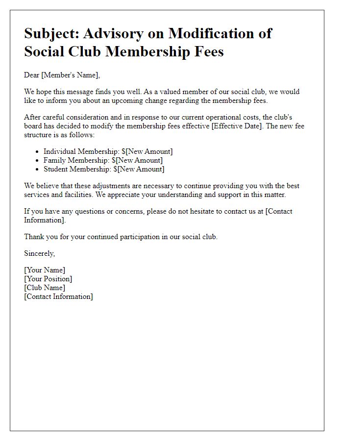 Letter template of advisory on social club membership fee modification.