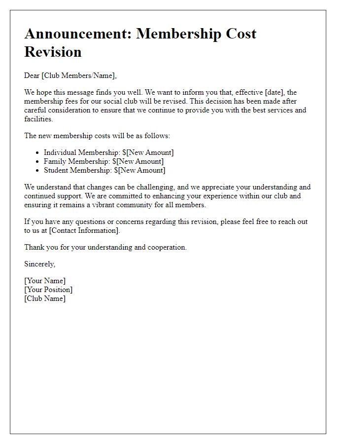 Letter template of announcement regarding social club membership cost revision.