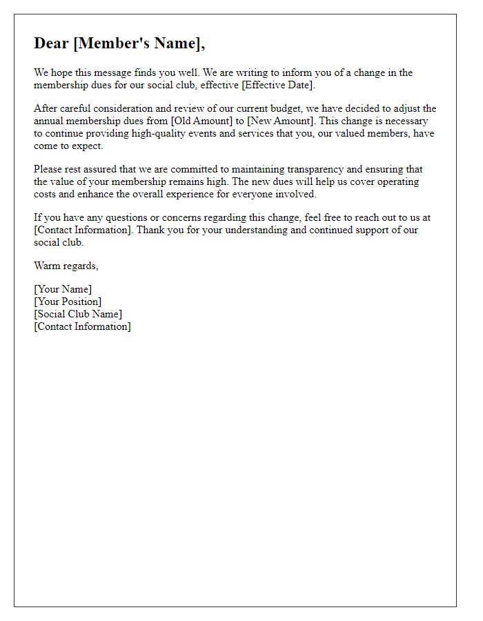 Letter template of communication about changes to social club membership dues.