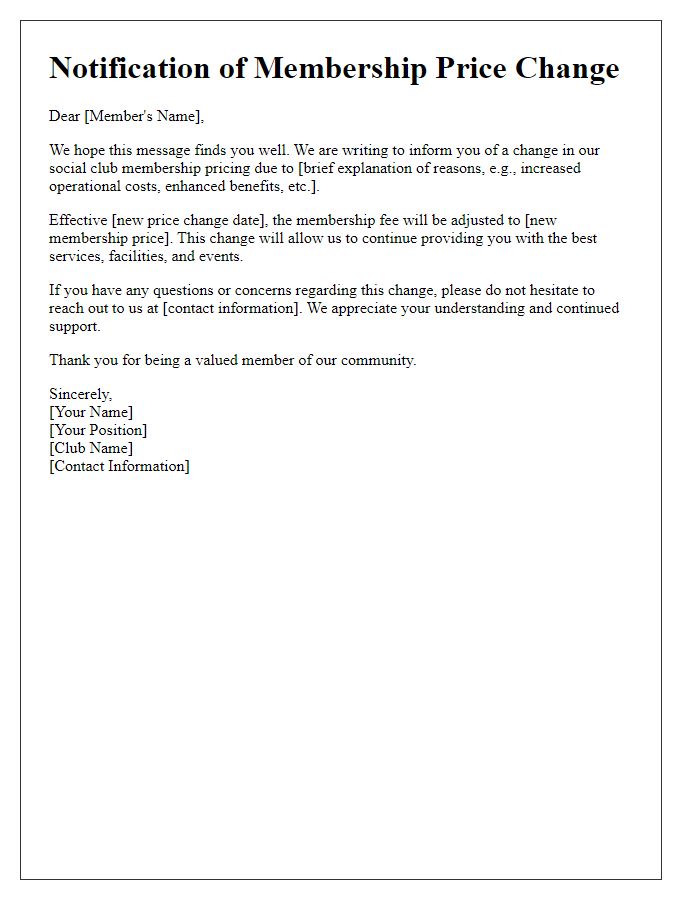 Letter template of disclosure on social club membership price change.