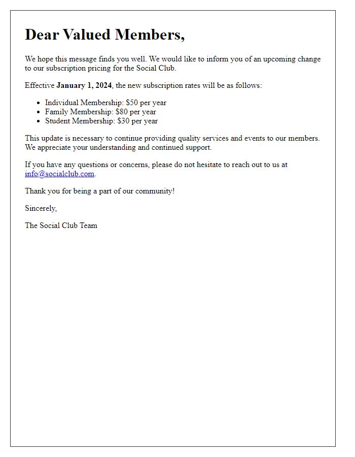 Letter template of update on social club subscription pricing.