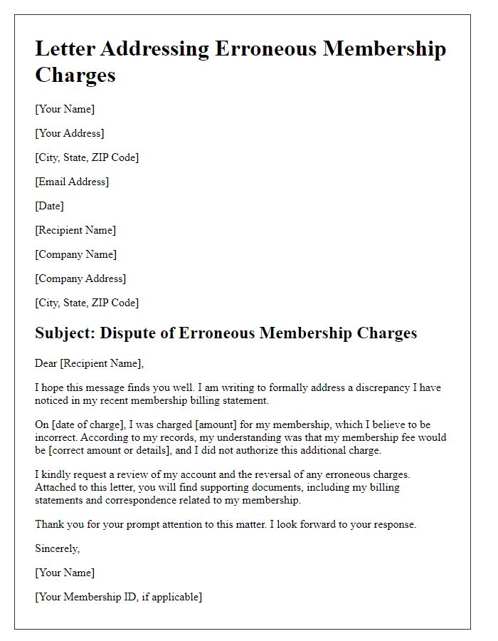 Letter template of addressing erroneous membership charges.