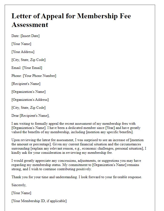 Letter template of appealing membership fee assessments.