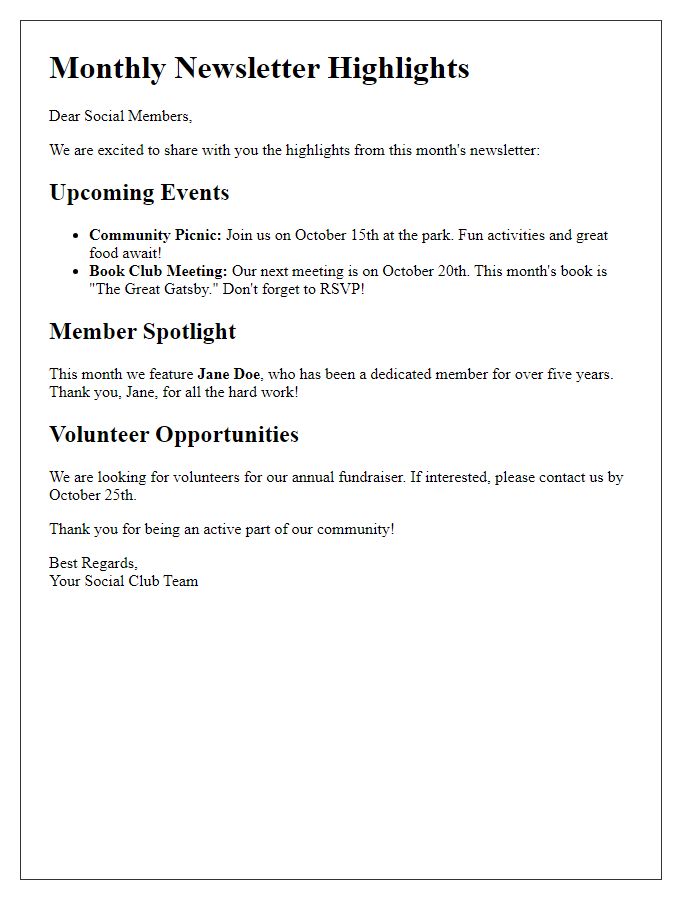 Letter template of newsletter highlights for social members