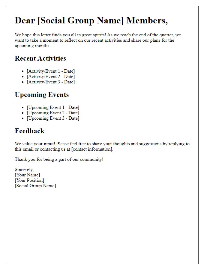 Letter template of quarterly communications for social group