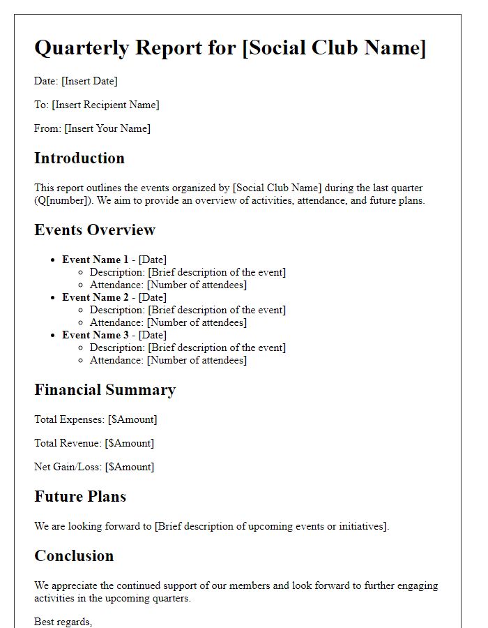 Letter template of quarterly report for social club events