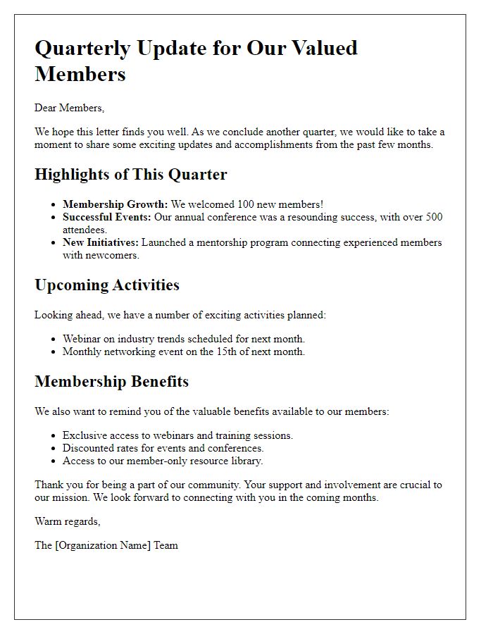 Letter template of quarterly update for members