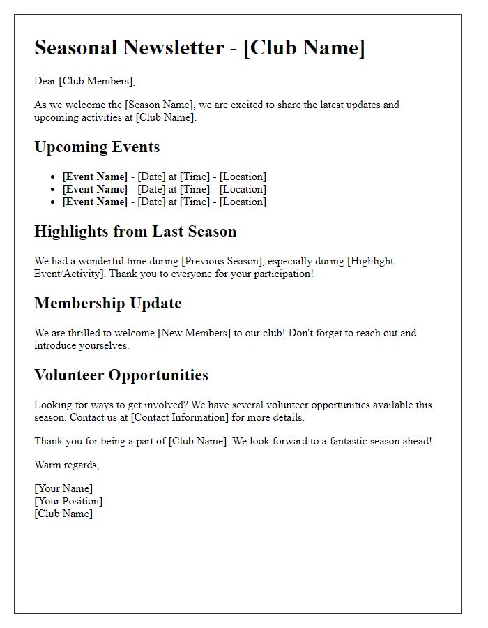 Letter template of seasonal newsletter for club activities