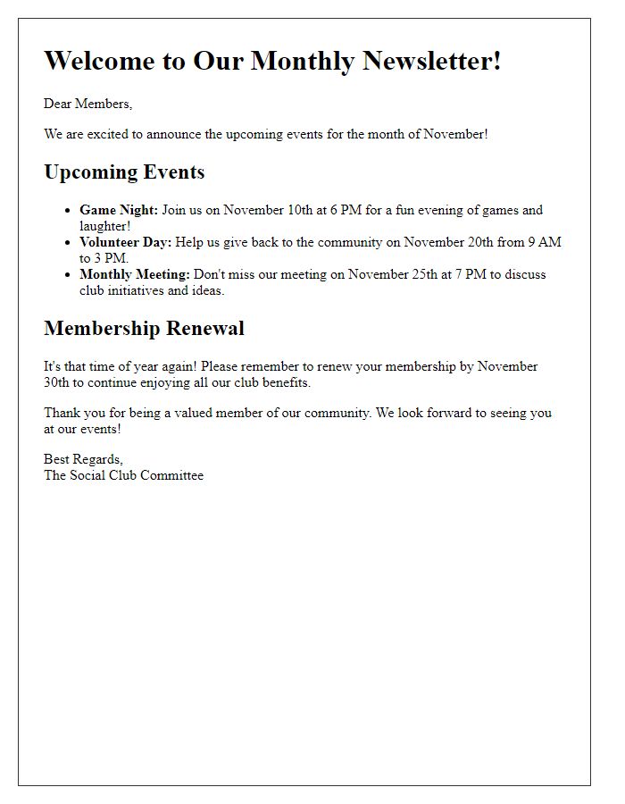 Letter template of the social club newsletter announcement