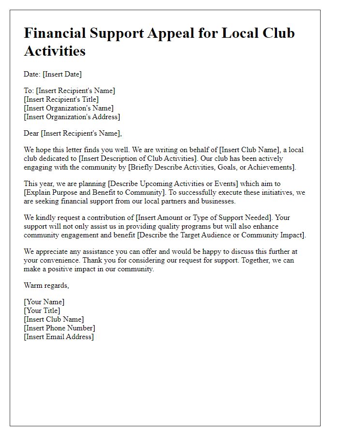 Letter template of financial support appeal for local club activities.